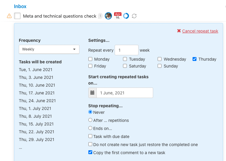 How to set up repeated task on weekly basis.
