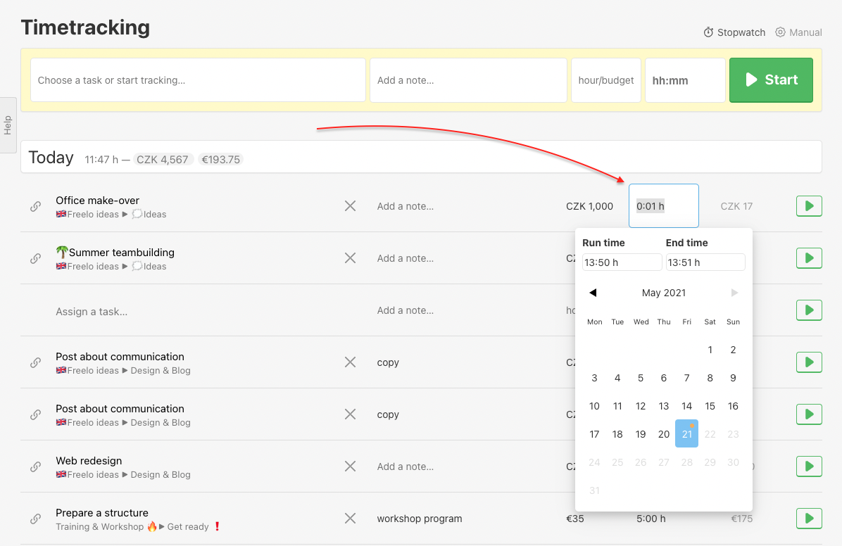 How to edit reported time in section Timetracking.