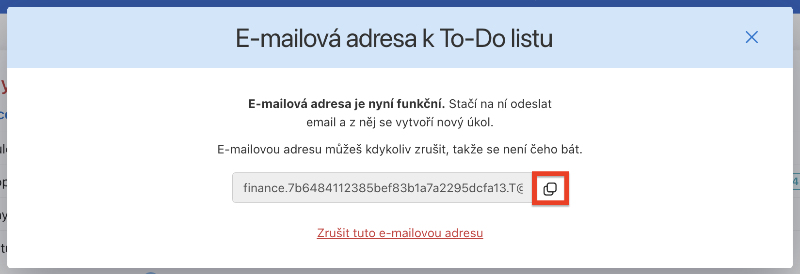 Zkopíruj e-mailovou adresu pro vytváření úkolů e-mailem.
