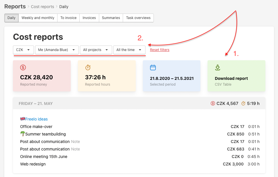 Download reports in CSV or use filters in Freelo.