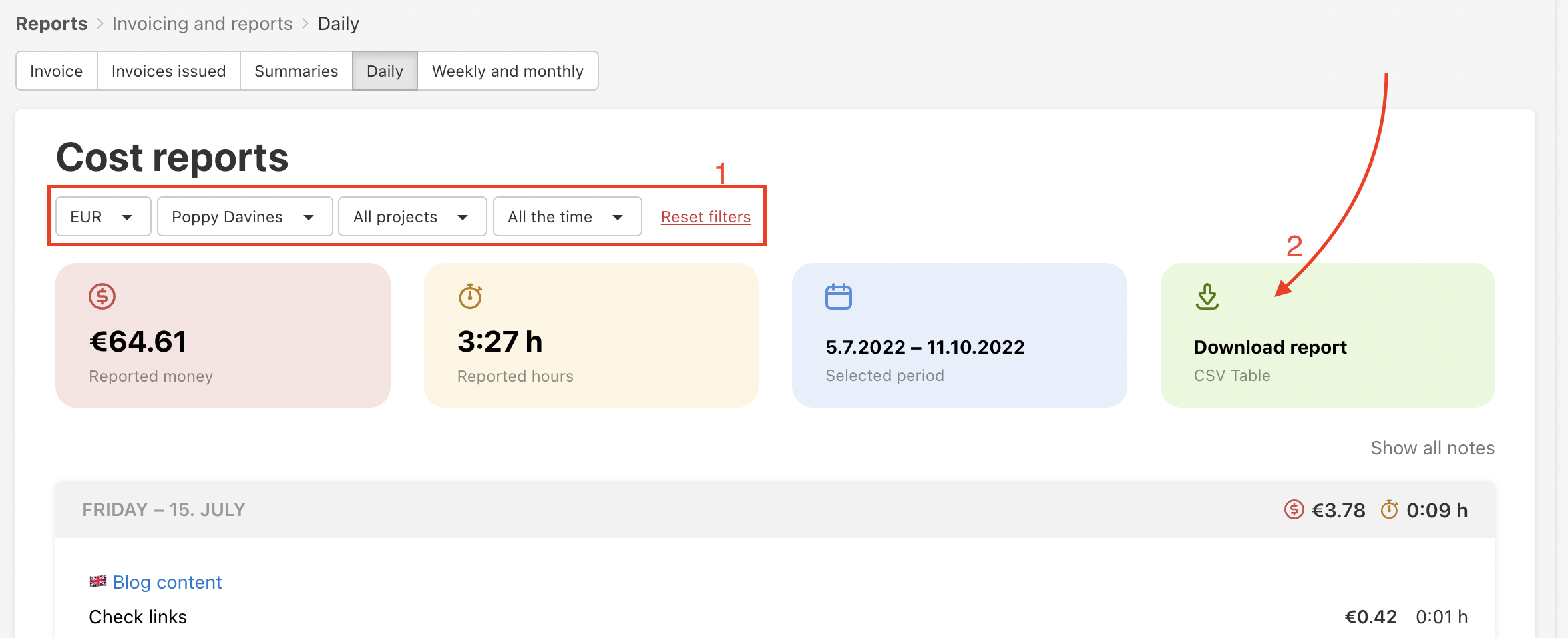 Use filters in Freelo or download reports in CSV.