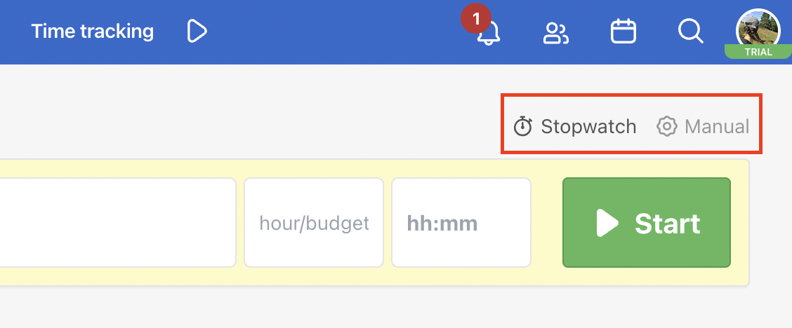 Switch between tracking (Stopwatch) and manual reporting (Manual).