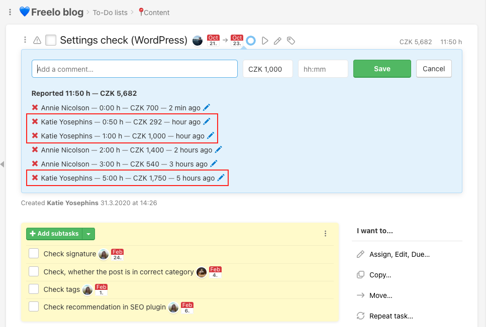 The same subtasks are visible in task reports.