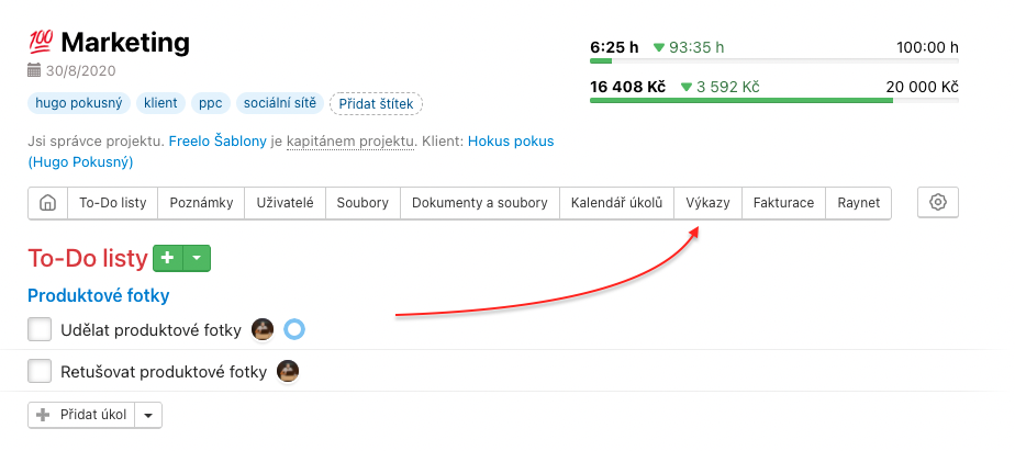 Přejdi do sekce Výkazy na konkrétním projektu.