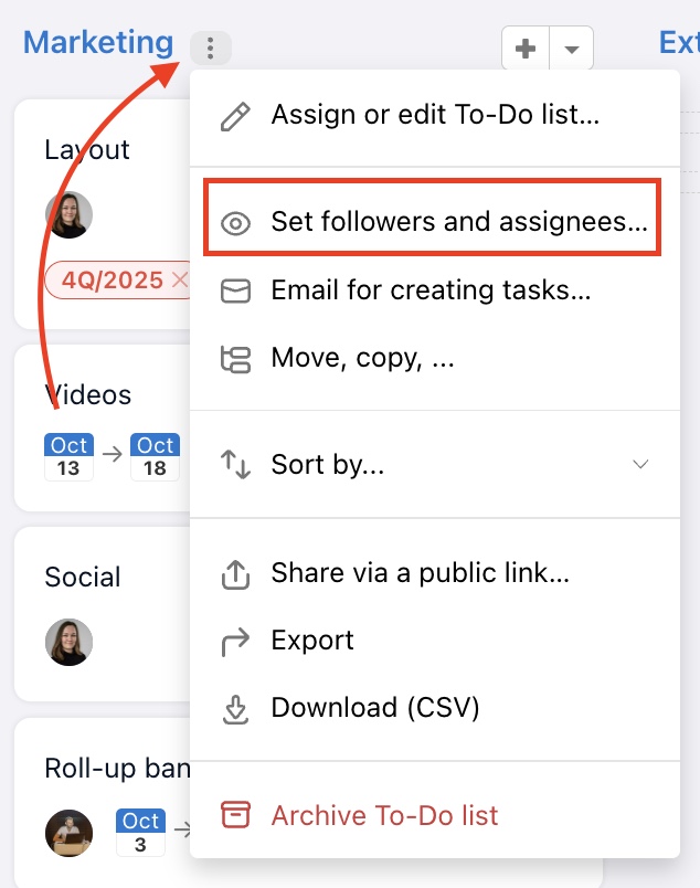 Set up followers and assignees to a To-Do list.