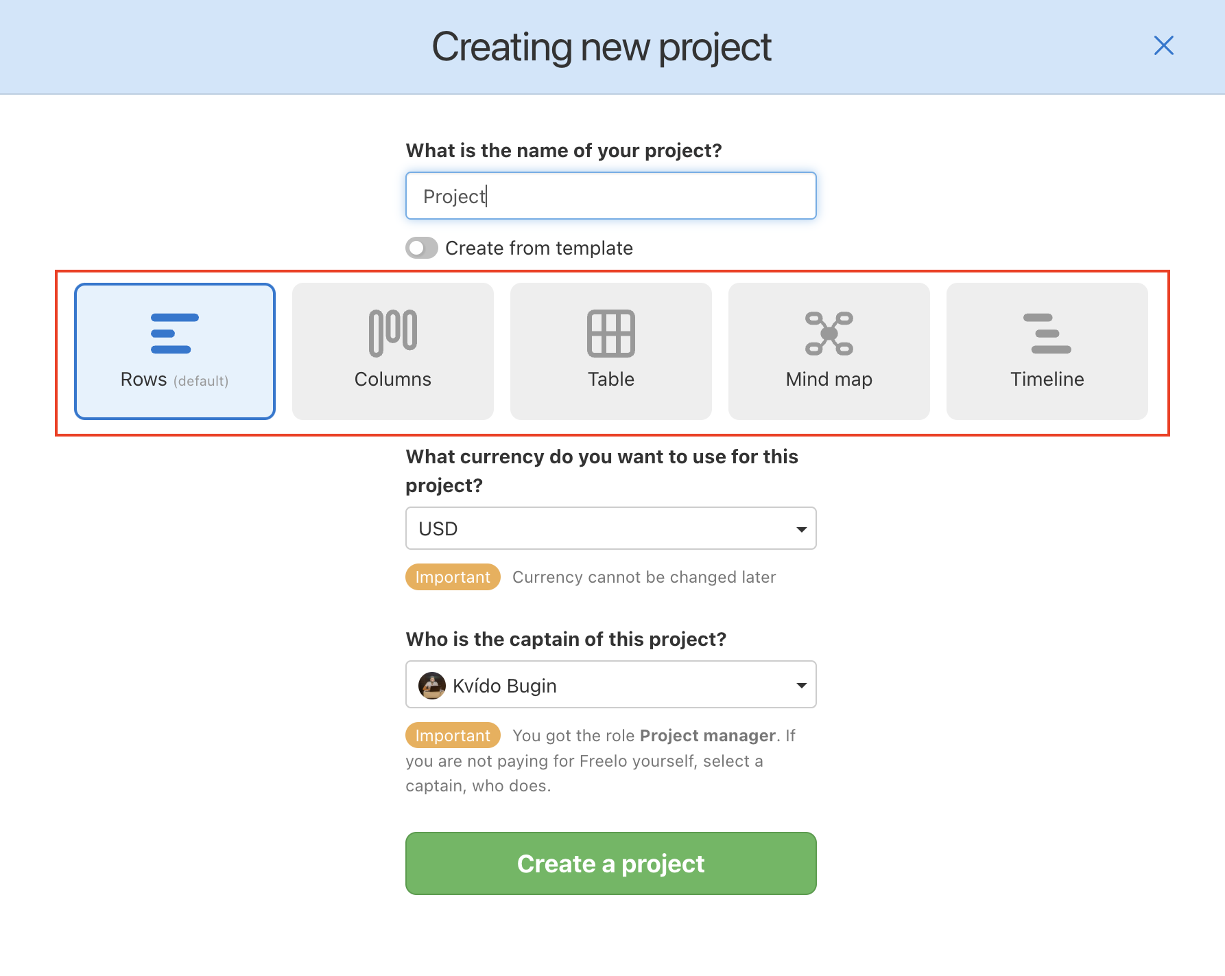 Example how to set a preferred view when creating a project.