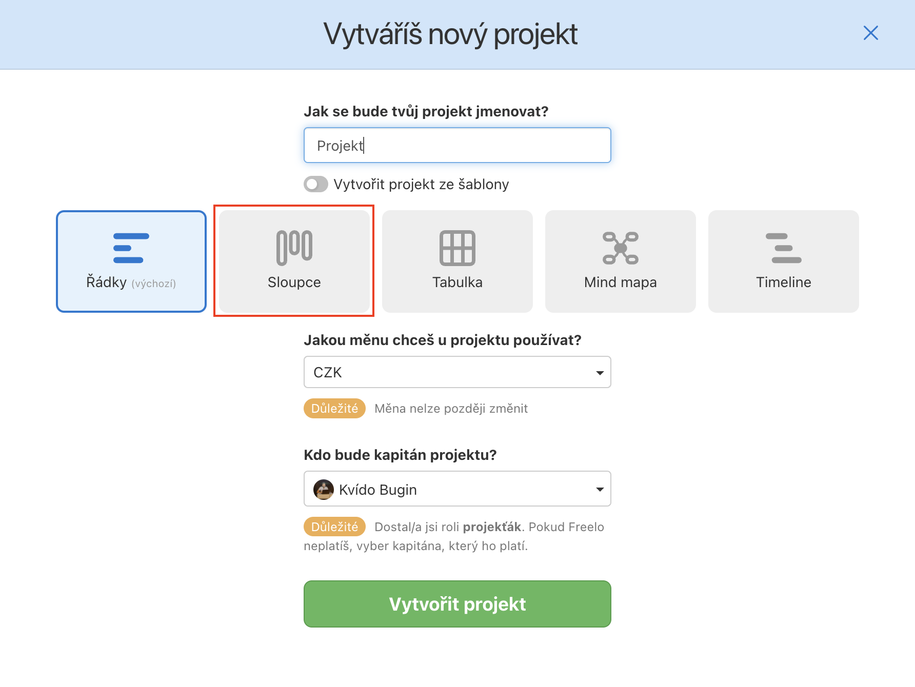 Ukázka, jak vytvořit nový projekt ve sloupcovém zobrazení.