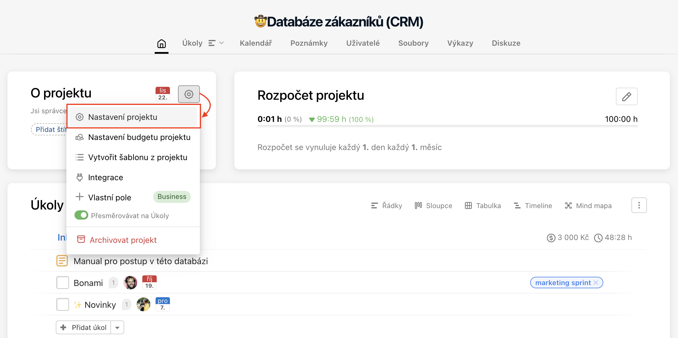 Detail projektu > Nastavení projektu.