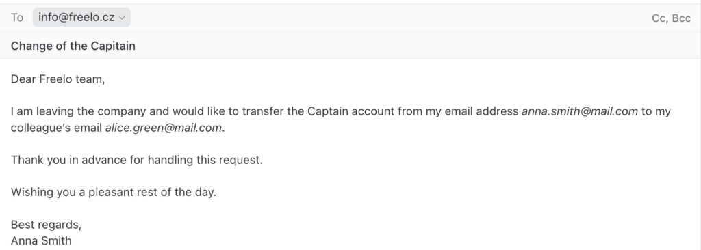 Example of the change request email.