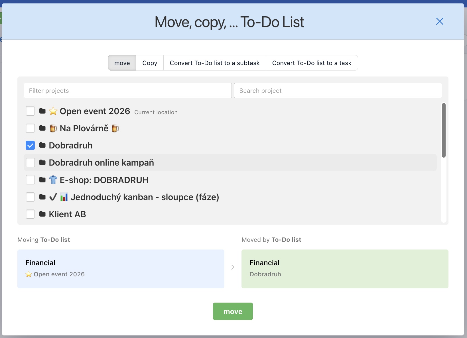 How to Move a To-Do list across projects.