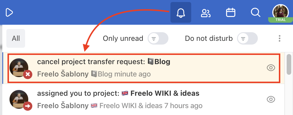 Notification about the rejected project transfer.