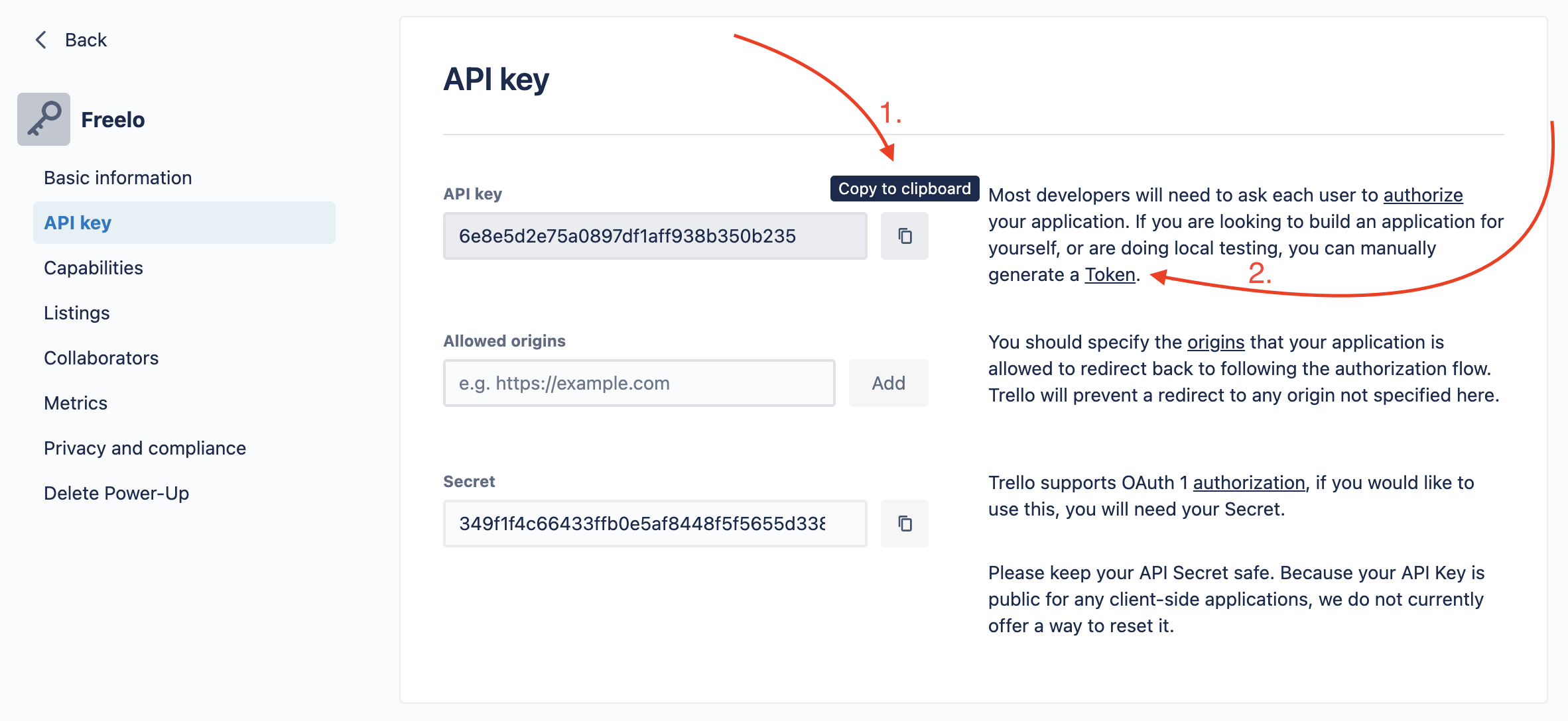 Example of where to copy an API key and generate a Token in Trello.