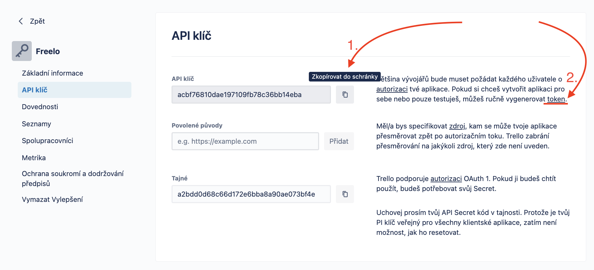 Ukázka, kde v Trellu zkopírovat API klíč a vygenerovat token.