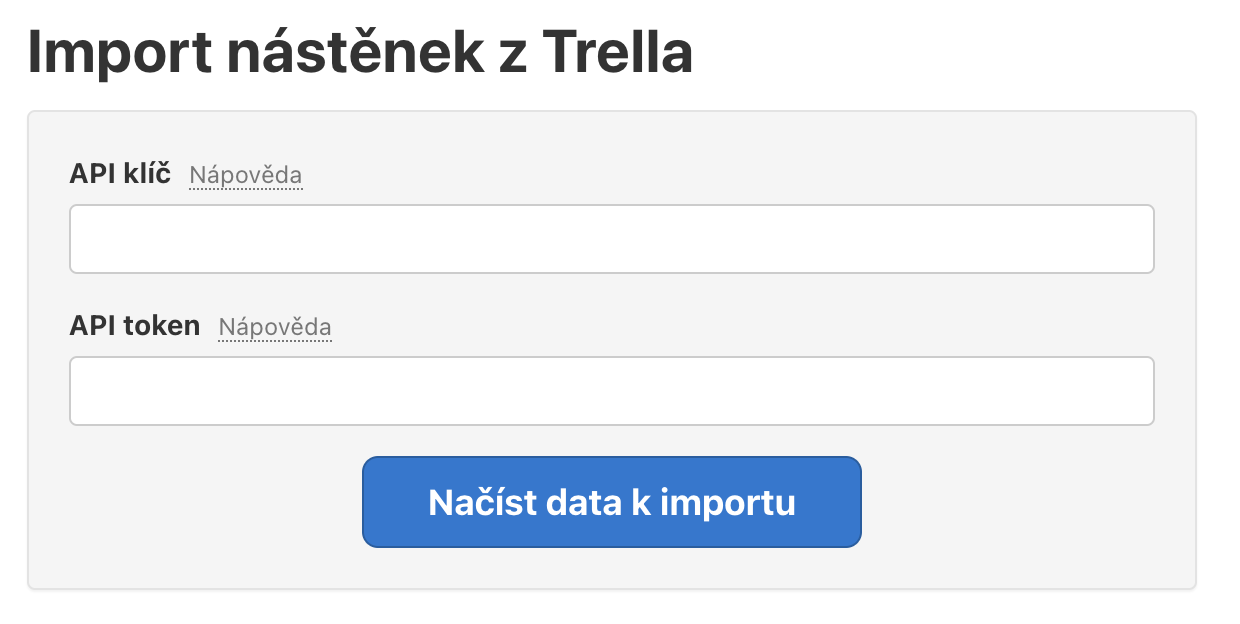 Pole pro vložení Trello API klíče a tokenu ve Freelu.