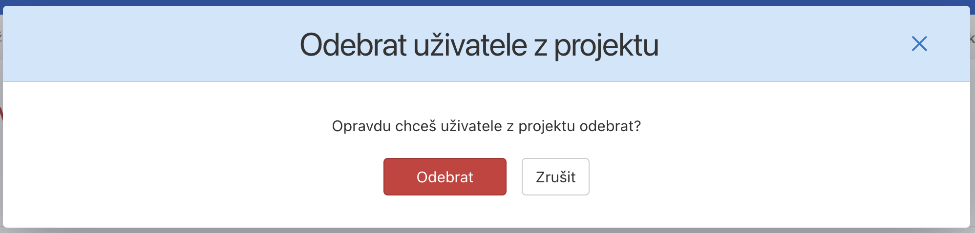 Smazání uživatele z projektu potvrďte tlačítkem Odebrat.