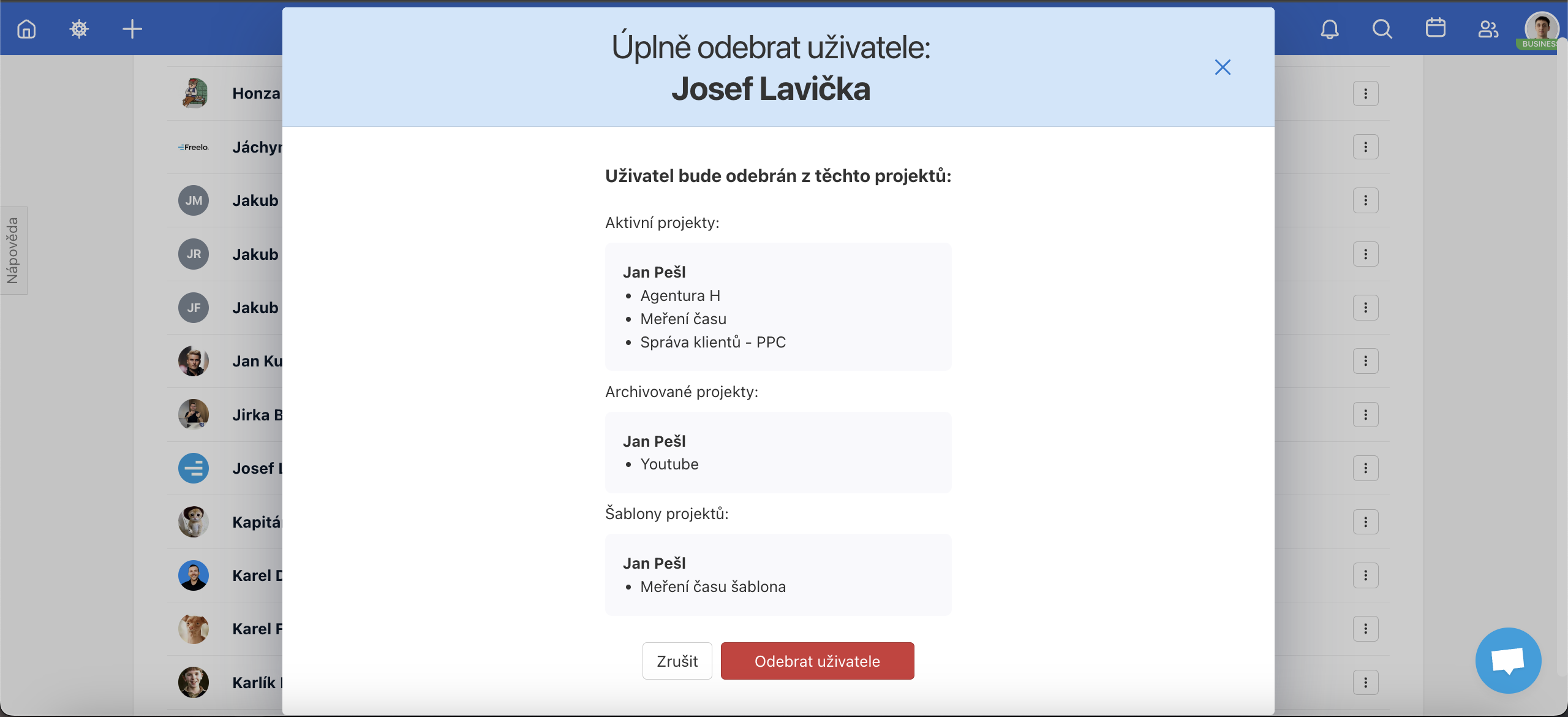 Jak na úplné odebrání uživatele z projektů.