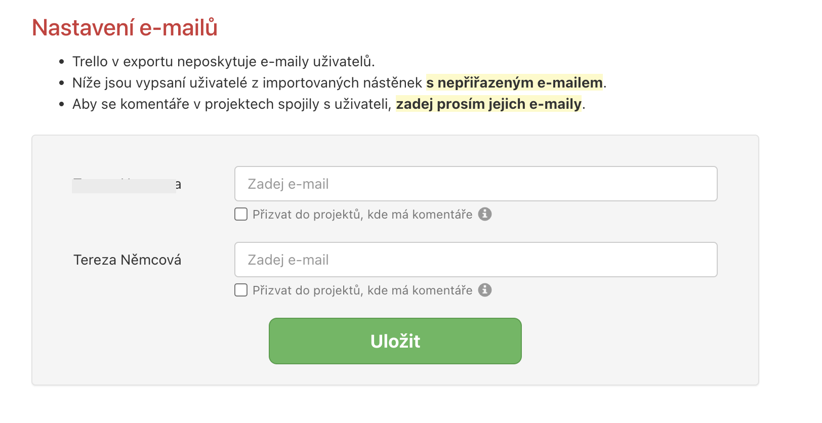 Nastavení e-mailů importovaných uživatelů.