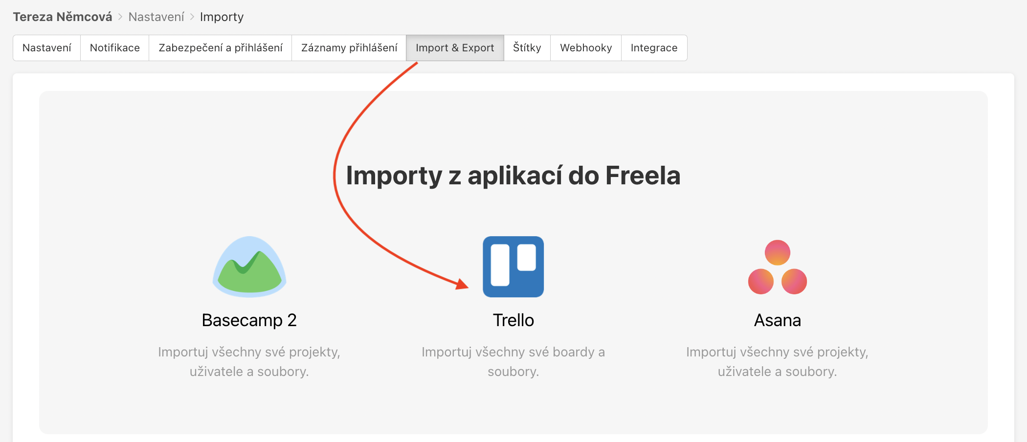 Jak importovat nástěnky z Trella do Freela.