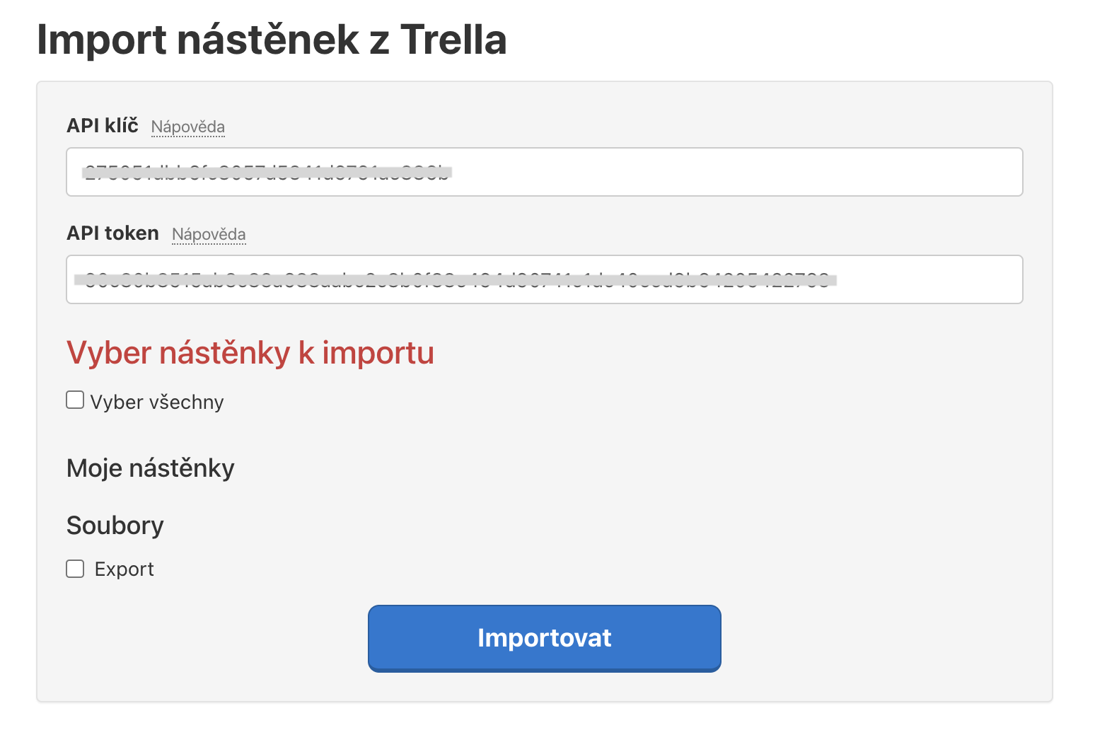 Vložení Trello API klíče a API tokenu ve Freelu.