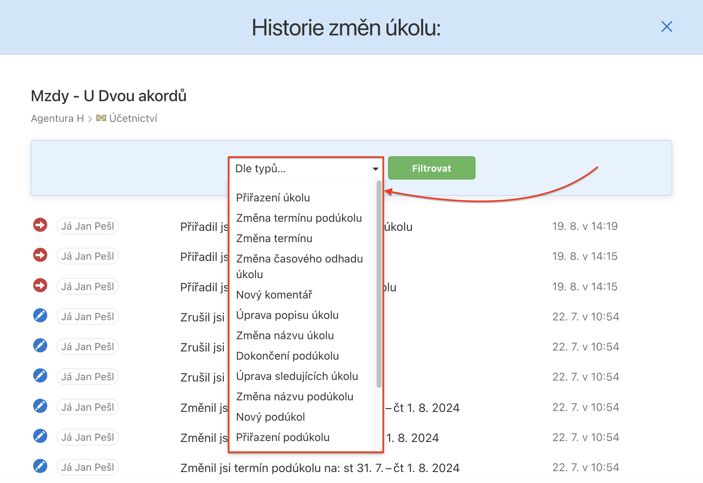 Ukázka Historie změn úkolu se záložkou všech aktivit.