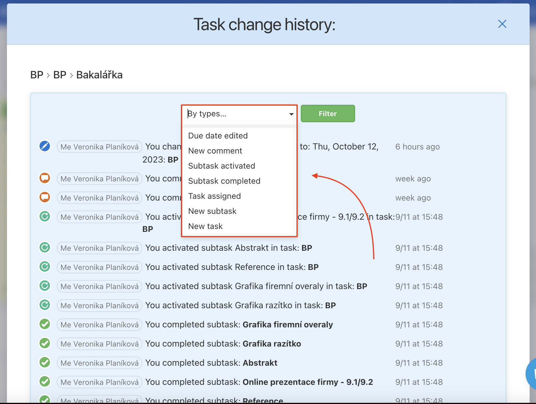 Overview of the activities in particular task.