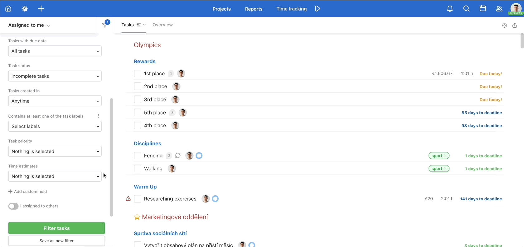 How to filter tasks with labels based on different criteria.