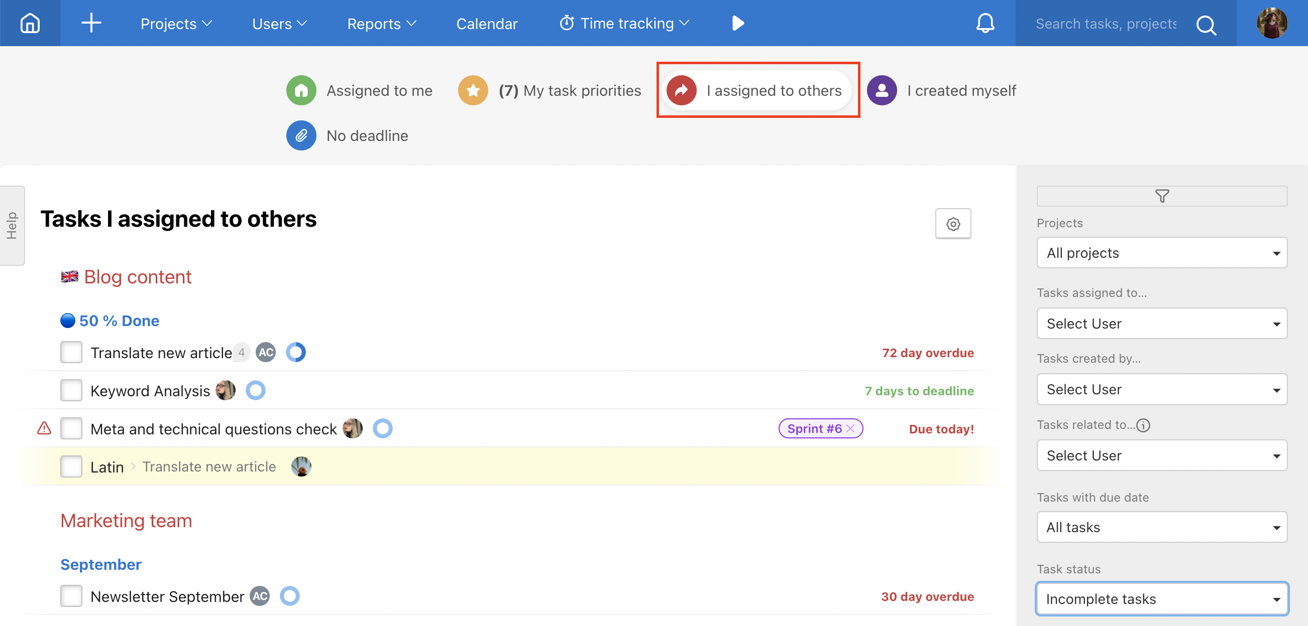 List of tasks I assigned to someone else on Dashboard.