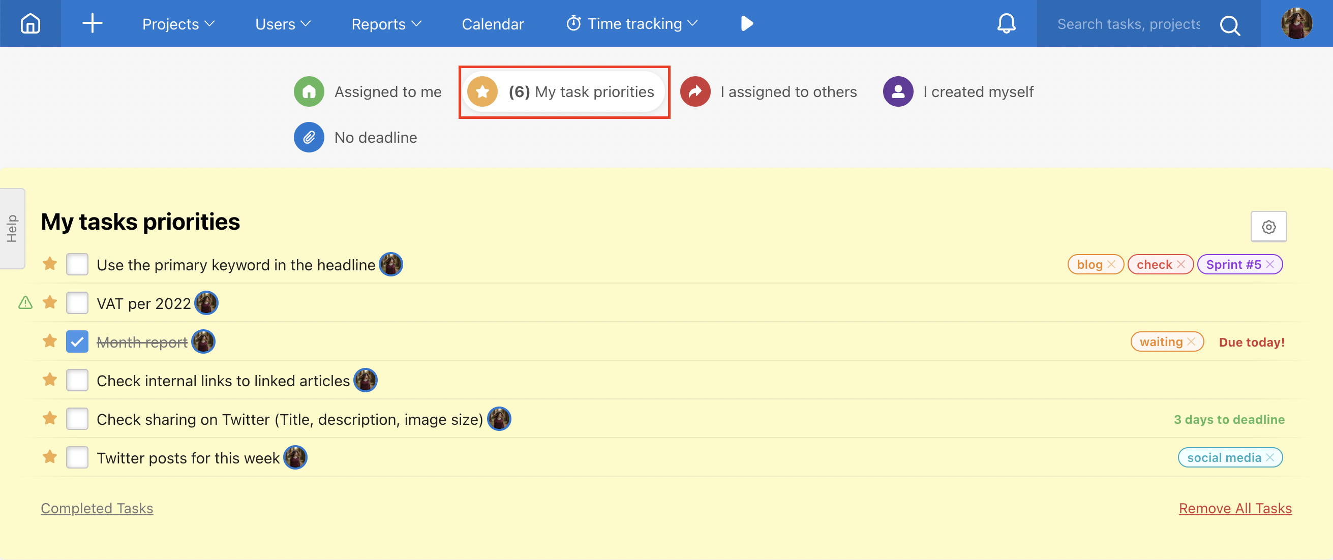 Example of list My task priorities.
