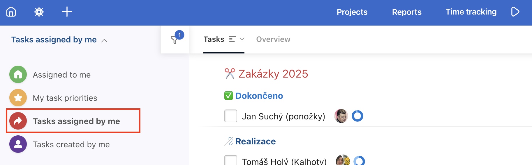 List of tasks I assigned to someone else on the Dashboard.