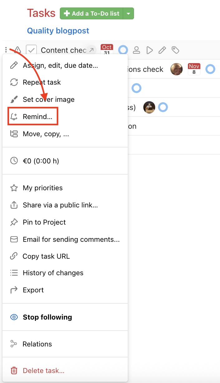 How to set task reminders via three-dot menu.