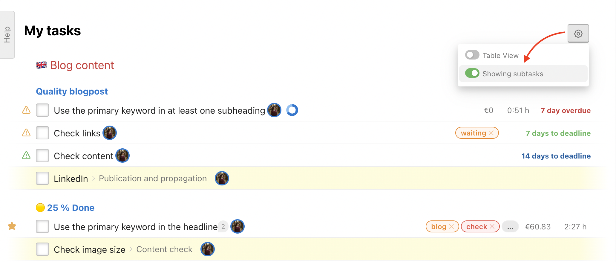 How to showing subtasks on Dashboard.