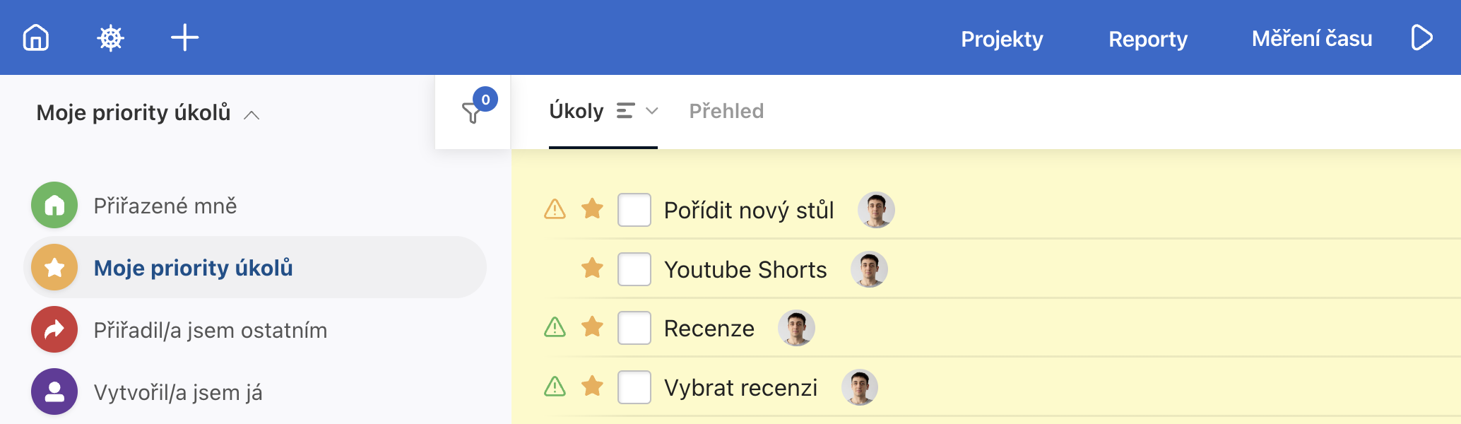 Ukázka seznamu Moje priority úkolů, kde máš pro tebe důležité úkoly na očích.