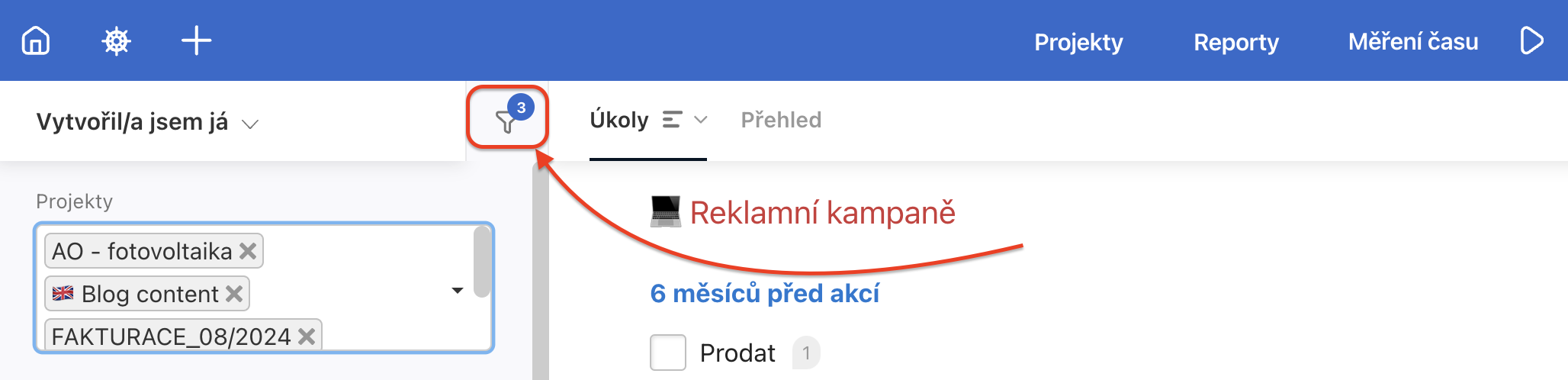 Jak zobrazit menu s filtry na Dashboardu.