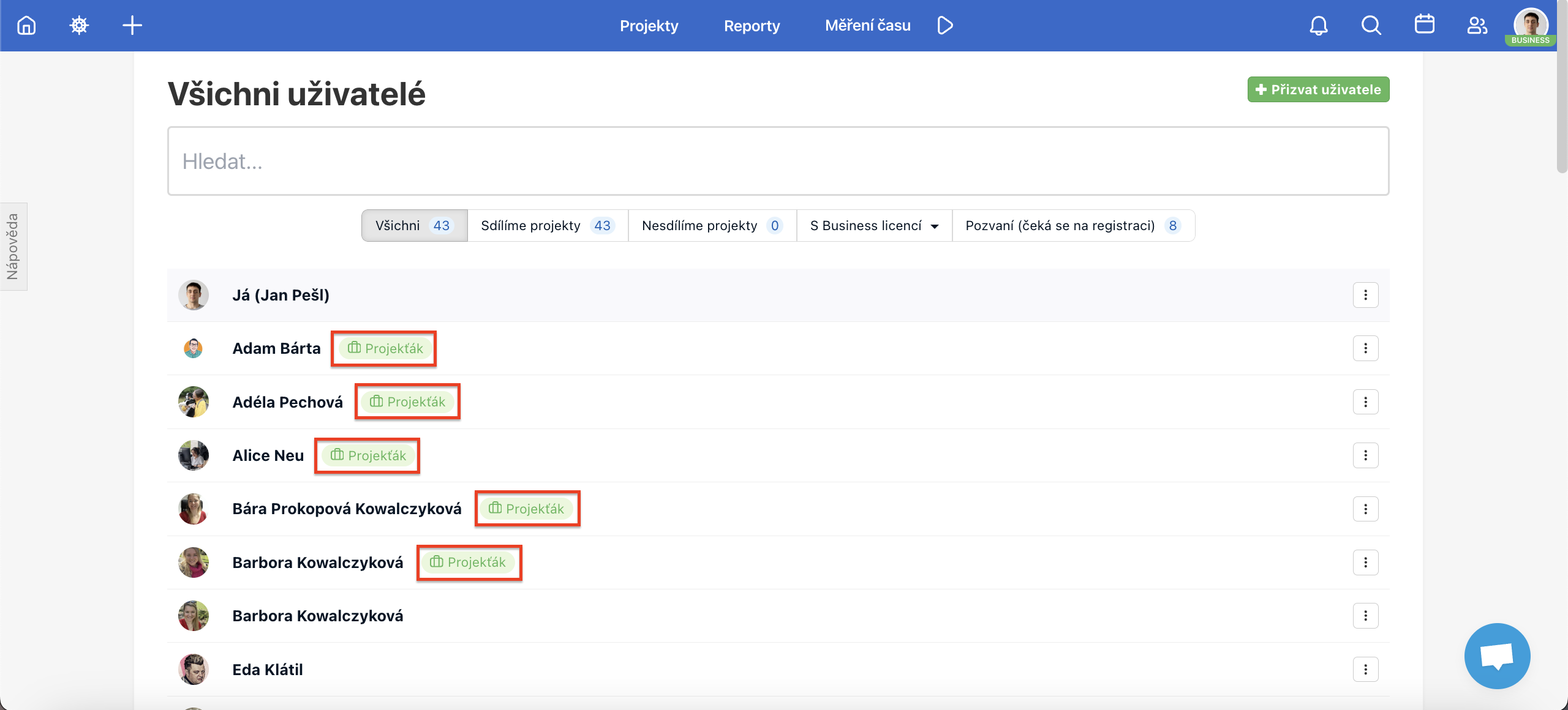 Přehled všech uživatelů, někteří z nich mají nastavenou roli Projekťáka.