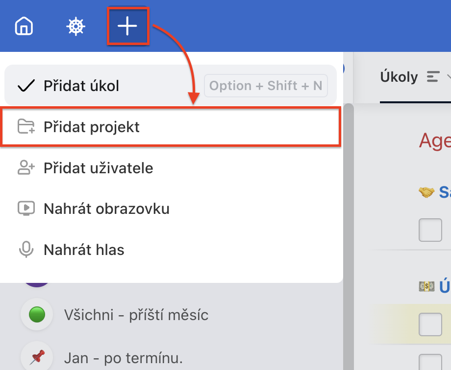 Jak vytvořit projekt přes ikonu + v horní liště.