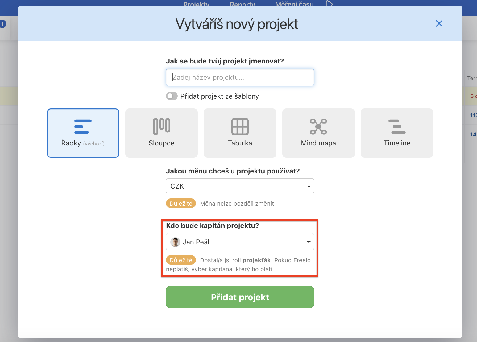 Ukázka, jak vytvořit projekt z pozice Projekťáka.