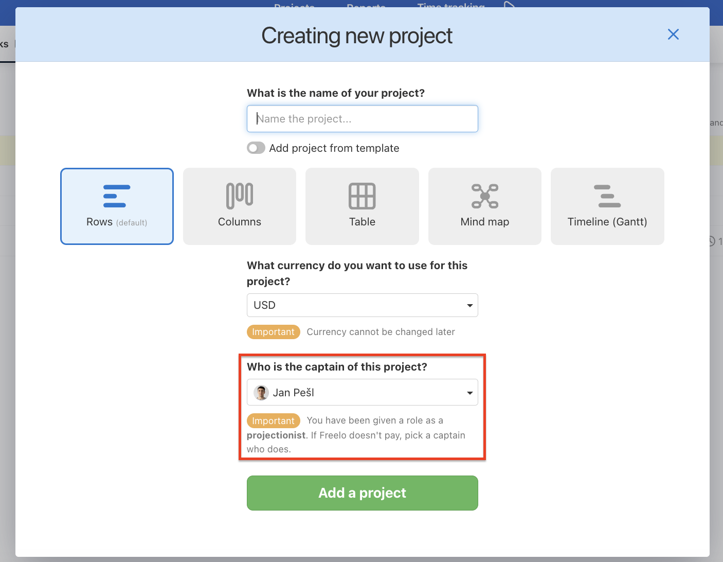 Example of how to create a project from the Project manager position.