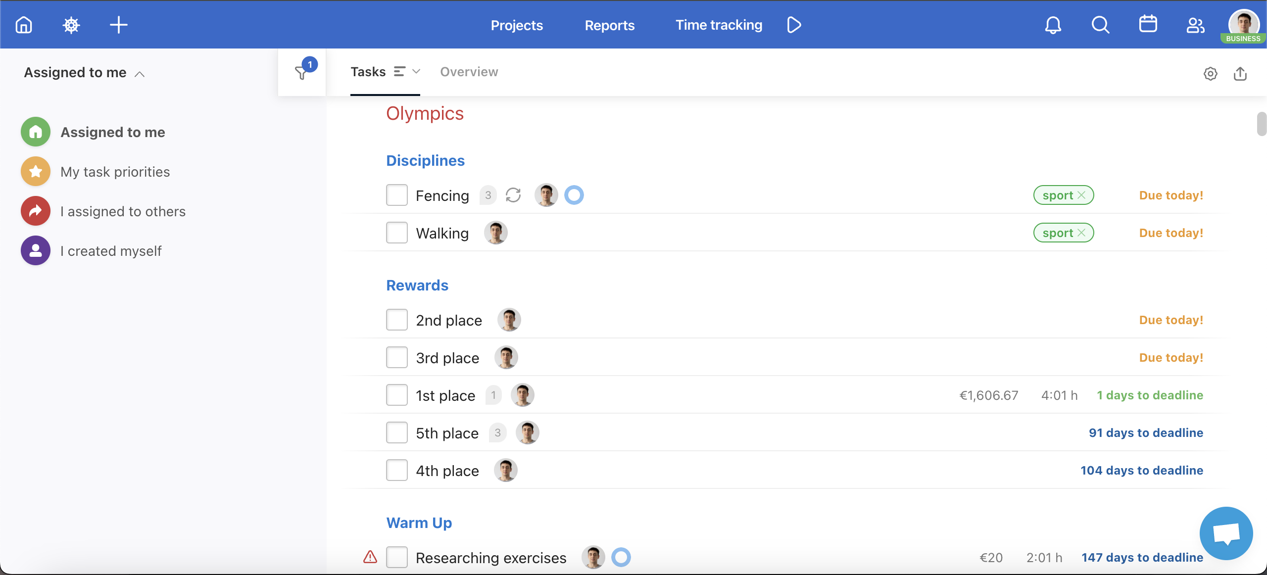 Row view of tasks on Dashboard.