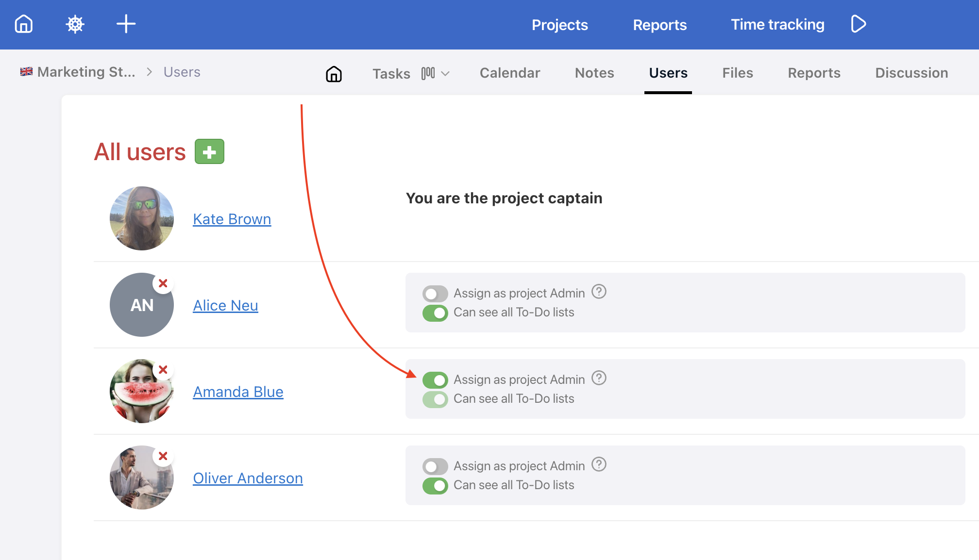 How to assign a user the role Admin of the project.