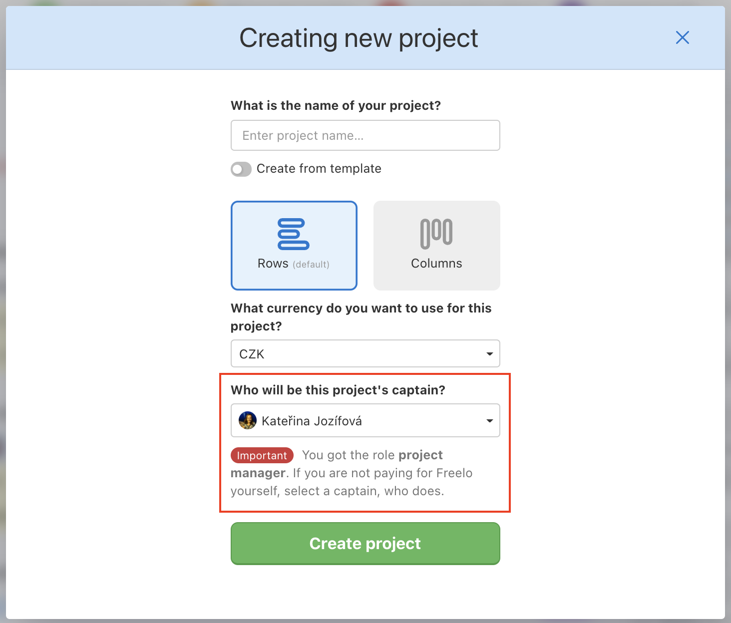 Example of how to create a project from the Project manager position.