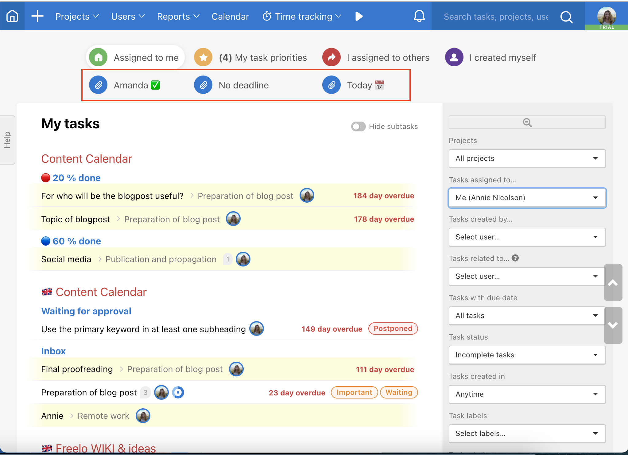 Example of custom filters on Dashboard.