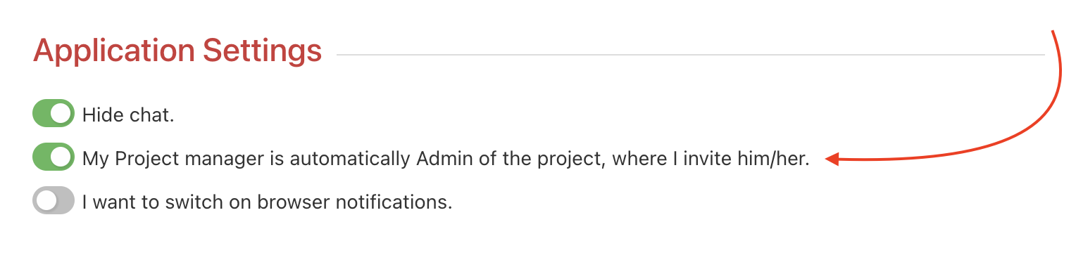 If you want your Project manager to be an Admin in your projects where you invite him, turn on the checkbox as in the screenshot.