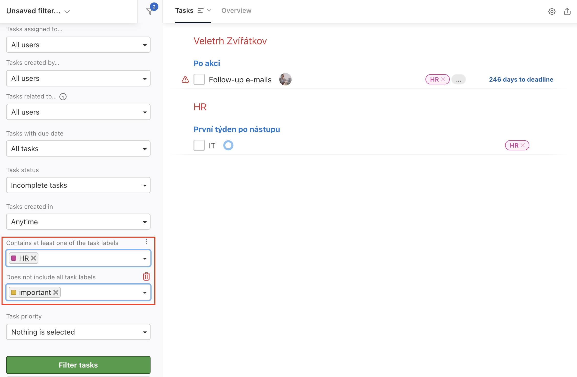 Combining conditions when filtering tasks based on labels.