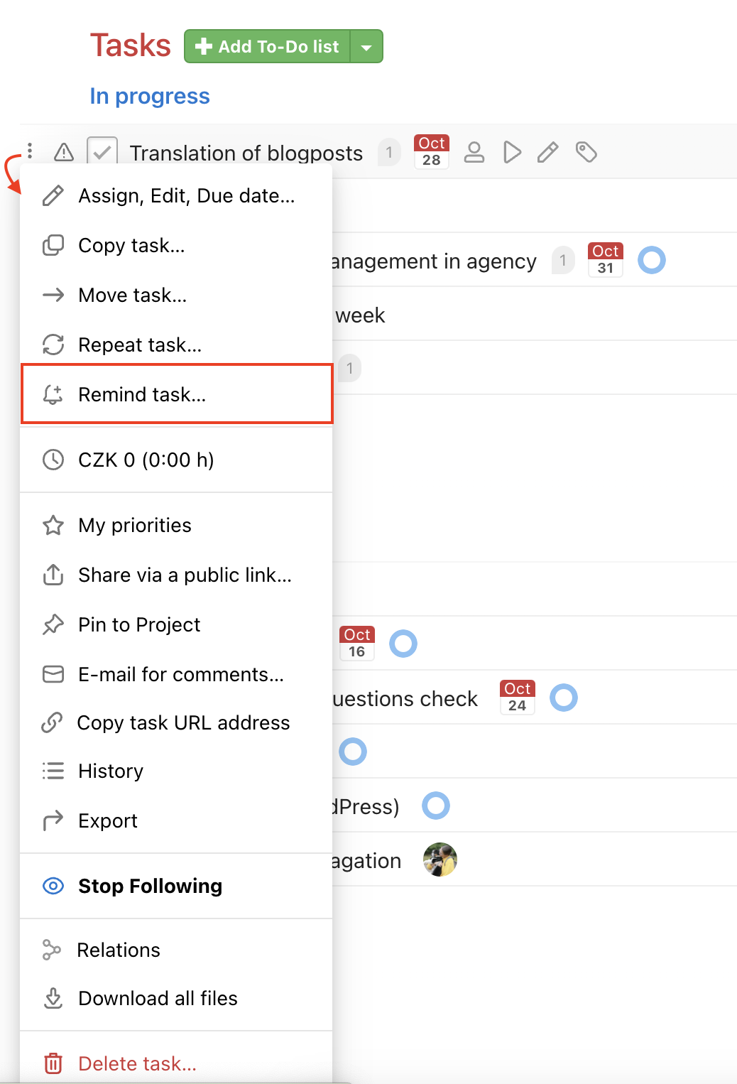 How to set task reminders via three-dot menu.