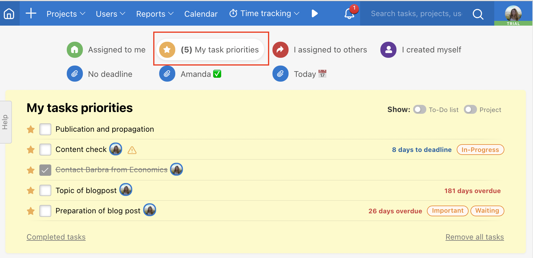 Example of list My task priorities.