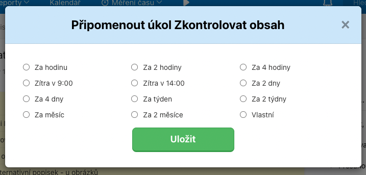Formulář k výběru nastavení připomínky úkolu.