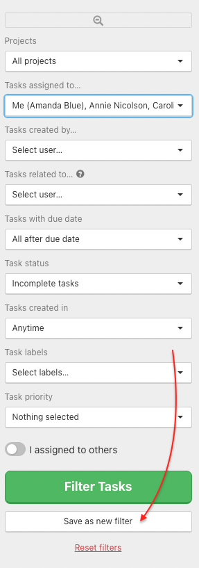 Scroll below filters and click Save as new filter.