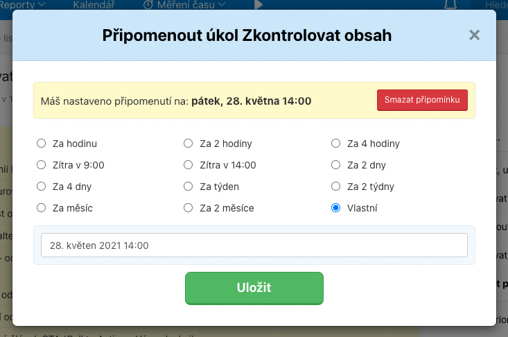 Ukázka nastavené připomínky.