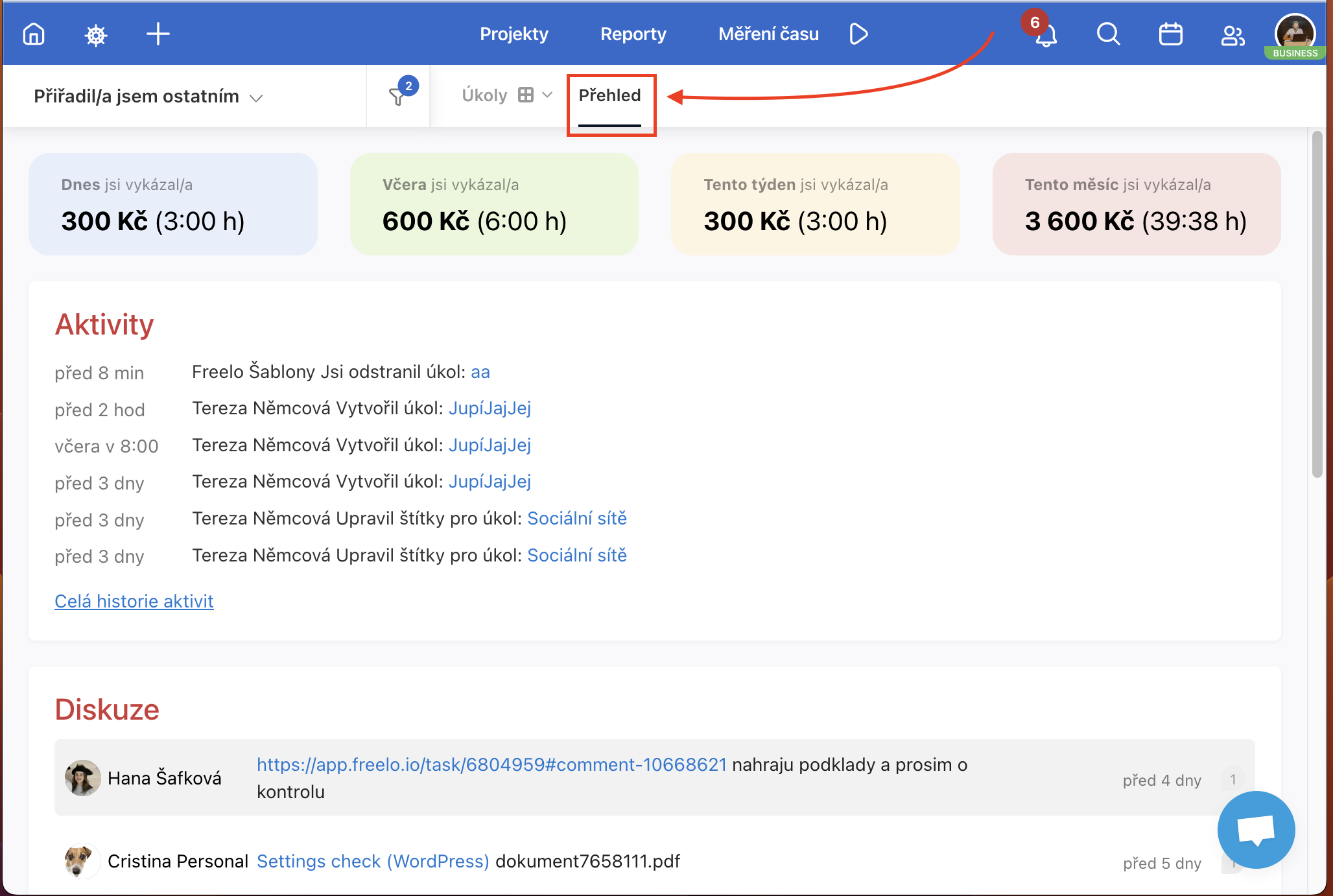 Ukázka, jak se dostat na přehledy na Dashboardu. 