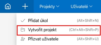 Jak vytvořit projekt přes ikonu + v horní liště.